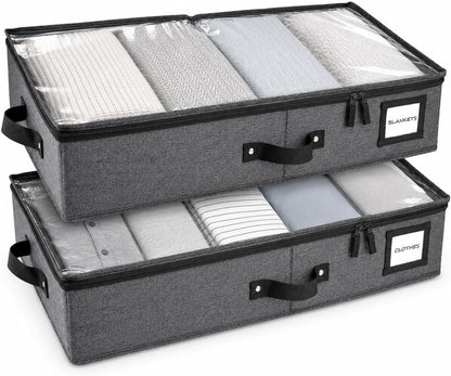 HOMELUX THEORY 2pc Low Profile Under Bed Storage Containers, Thin Under Couch Storage Organizer with Bins & Lids, Underbed Storage Box Ideal for Seasonal Clothes, Blankets, Fabric & Shoes (Ivory)
