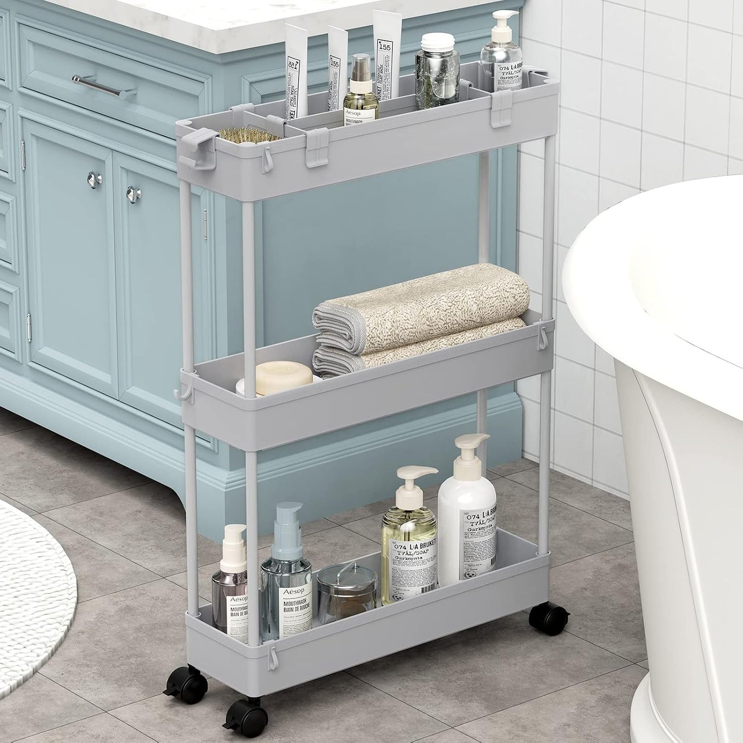 SPACELEAD Slim Storage Cart 3 Tier,Bathroom Organizer Rolling Utility,Mobile Shelving Unit Slide Out for Office, Kitchen, Laundry Room & Narrow Places，Green