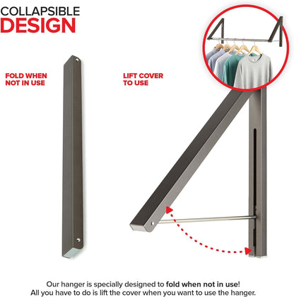 Double Foldable Clothing Rack w/ Extension Rod, Wall-Mounted Retractable Clothes Hanger for Laundry Dryer Room, Hanging Drying Rod, Small Collapsible Folding Garment Racks, Dorm Accessories (Black)