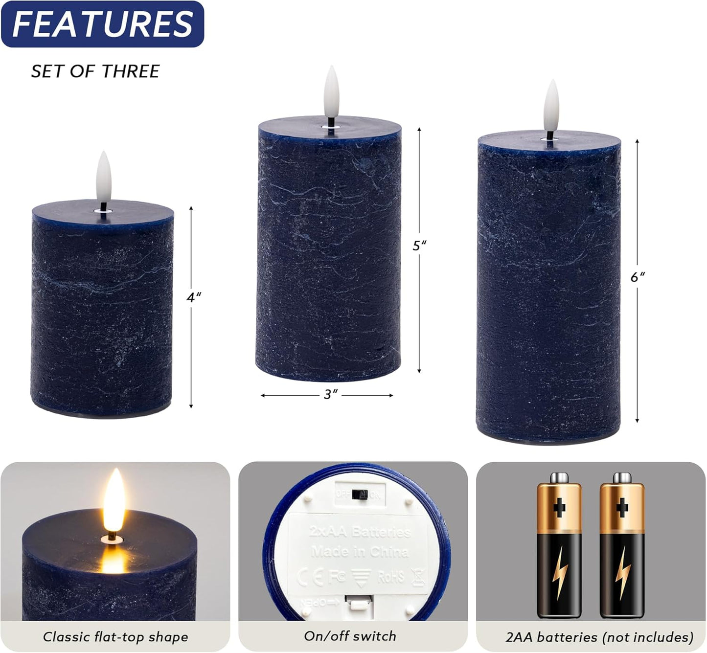 White Flameless Pillar Candles, Battery Operated Wax Candles with Remote, Flat Top Flickering Flameless Candles, LED Candle for Home, Wedding, Party Decor, Set of 3, Φ 3" H 4" 5" 6"