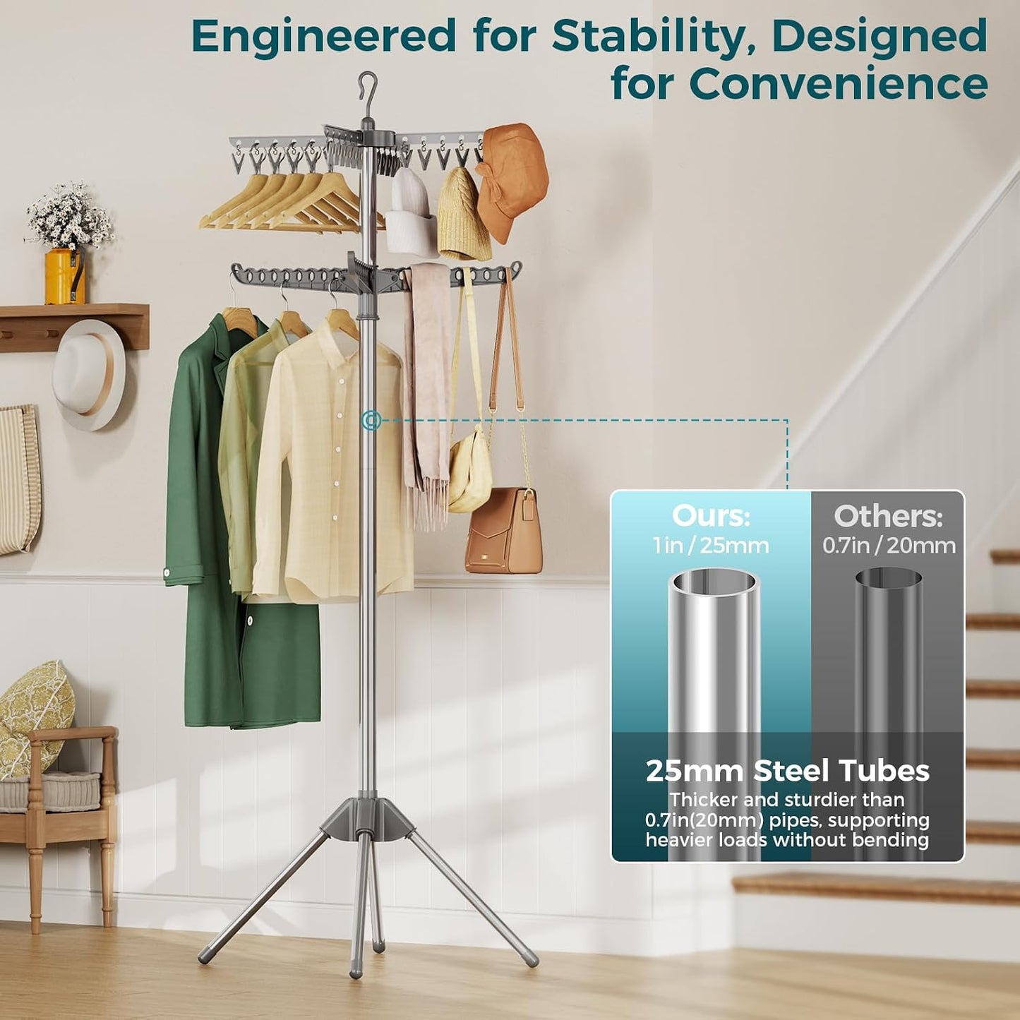 KINGBOARD Clothes Drying Rack, 2-Tier Foldable Drying Rack Clothing, 72-Inch Laundry Drying Rack with 3 Rotatable Arms and 24 Clips, Free Standing Drying Rack, Grey and Silver
