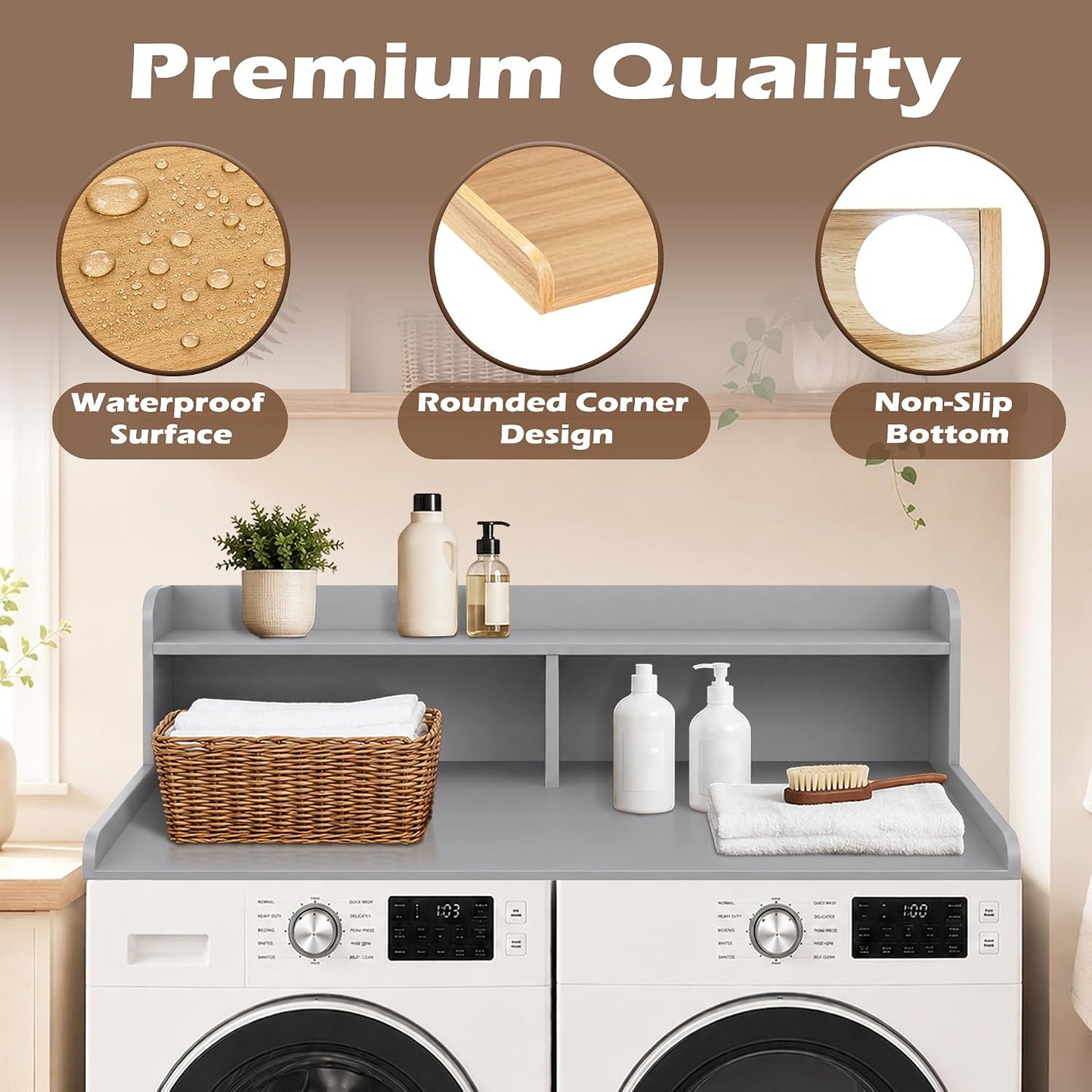 Royxen Laundry Countertop with 2-Tier Shelf Universal Fit, Washer and Dryer Countertop with Storage Space, Shelf Height 11.5 Inches, Solid Wood Core, Oak