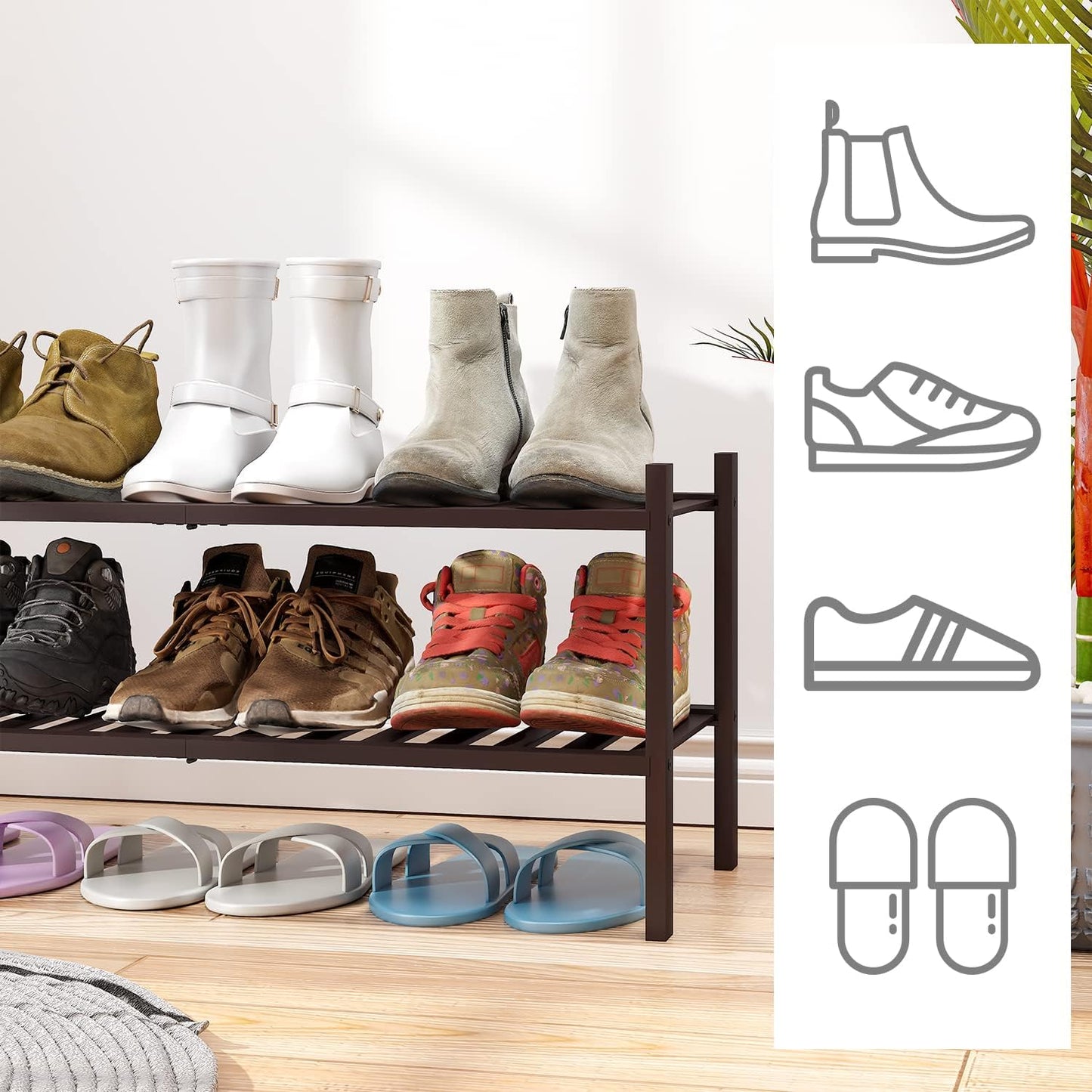 viewcare 3-Tier Black Bamboo Shoe Rack for Entryway, Stackable | Foldable | Natural, Shoe Shelf Storage Organizer for Hallway Closet, Free Standing Shoe Racks for Indoor Outdoor