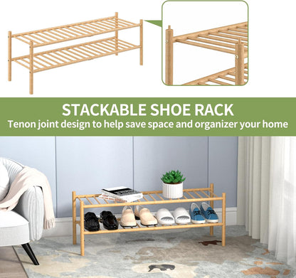 ROMGUAR CRAFT 3 Tier Bamboo Shoe Rack for Closet Free Standing Wood Shoe Shelf Storage Organizer for Entryway Small Space Stackable 27"x11"x20" (Natural)
