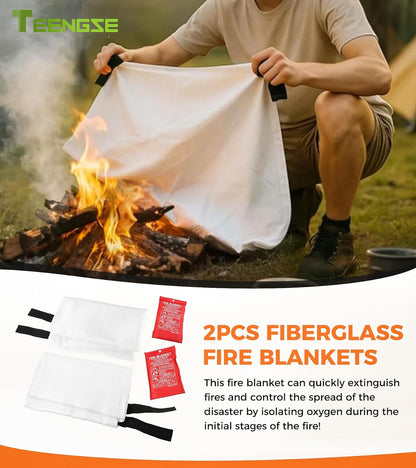 2PCS Fiberglass Fire Blankets, 40” x 40” Fire Escape Emergency Fireproof Blanket for Home, Kitchen, Camping, Barbecue, Car, School, Safety Evacuation