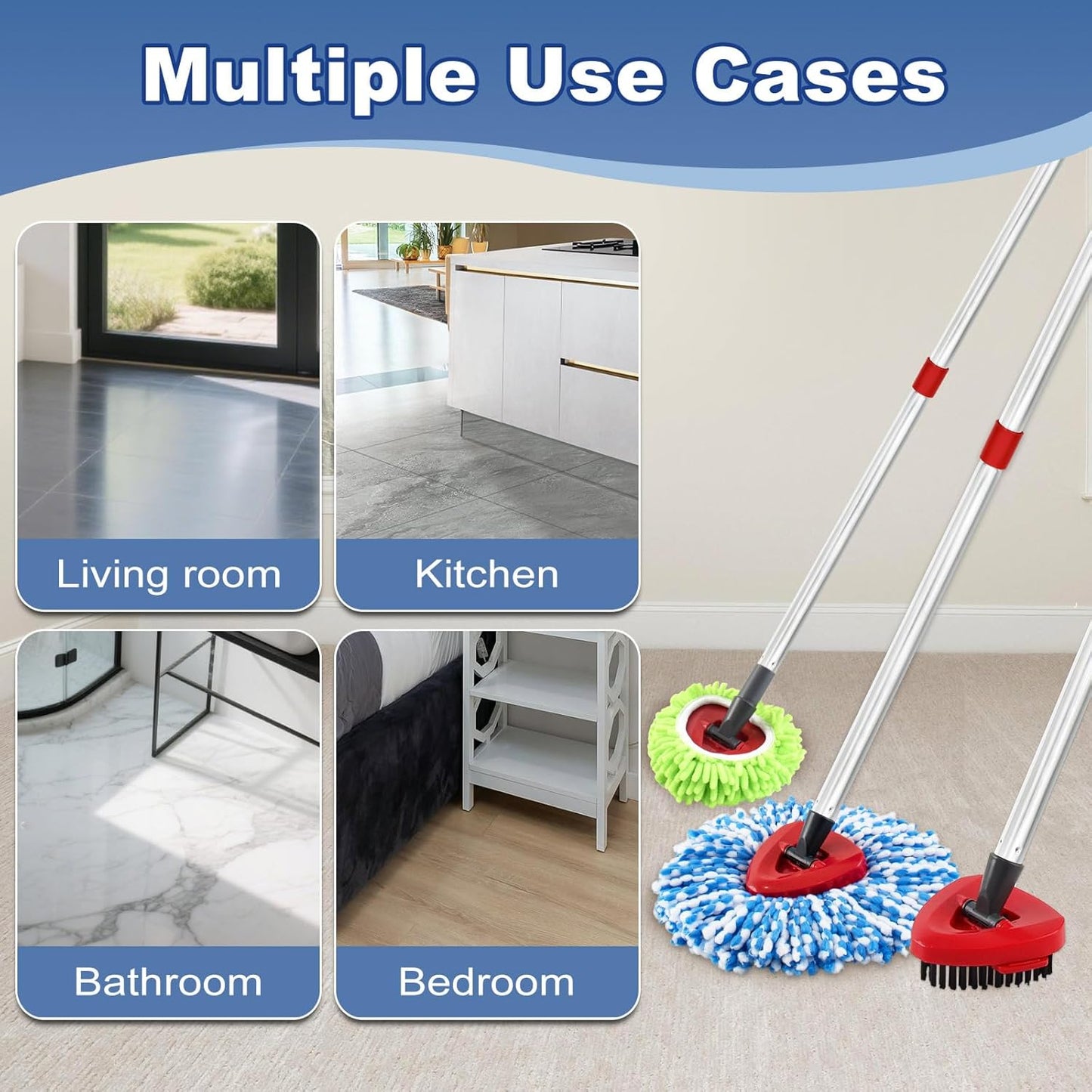 Mop Heads for O Cedar RinseClean 2 Tank Spin Mop System, 3 Microfiber Mop Head Refills and 3 Chenille Mop Pads,1 Scrub Brush, and 1 Mop Base with Mop Handle Set Combo
