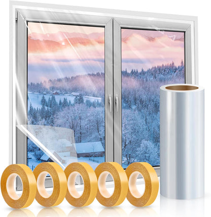 Window Insulation Kit, 63 × 394 Inch Plastic Window Covering for Winter, Window Insulation Film Window Wrap Insulation Windows Winterizing Kit with Double-Sided Tape for 10 Pcs 3 x 5 Ft Windows