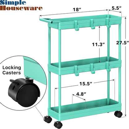 Simple Houseware 3-Tier Slim Rolling Cart w/Handle 5.5" Wx27.5 H, Turquoise | Storage Cart for Narrow Space (5.5-Inch Wide) Kitchen, Bathroom, Laundry Room