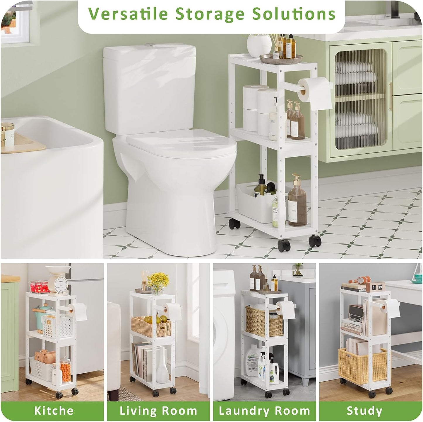 RRX Toilet Paper Holder with 3 Tier,16.14''Dx7.08''Wx28.35''H (Beige) | Small Bathroom Rolling Bamboo Mobile Storage Corner Shelf Cabinet for Narrow Spaces, Freestanding Slim Kitchen Organizer
