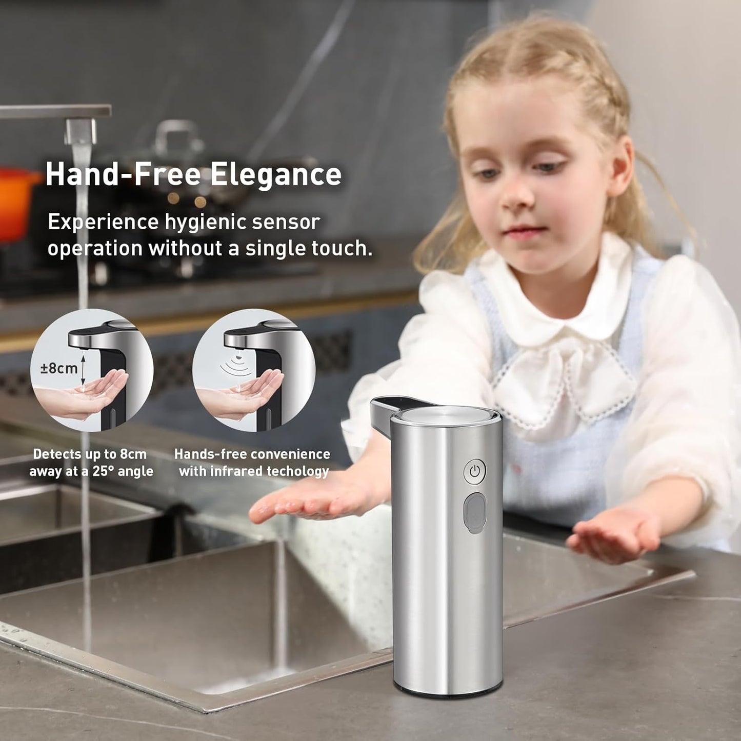 EKO Aroma 9 fl oz Automatic Liquid Soap Dispenser, Rechargeable & Water-Resistant Soap Dispenser for Kitchen and Bathroom with Adjustable Volume Control (Matte Black Steel)