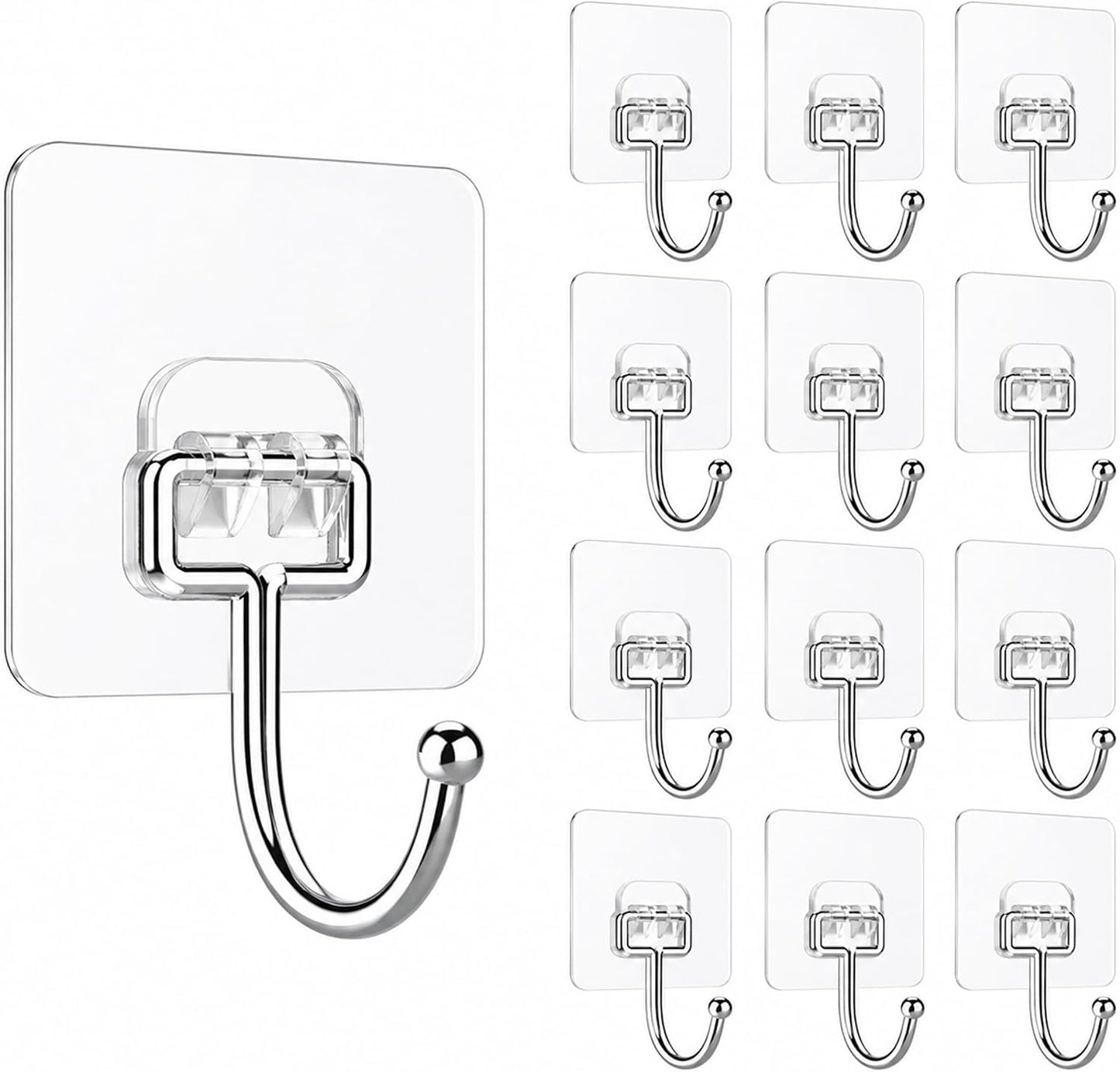 Heavy Duty Adhesive Hooks 60lb Max, 12 Pack Wall Hooks, Strong Stick On Hooks Traceless Waterproof & Rustproof for Bathroom Kitchen Home Hanging (12, Clear)