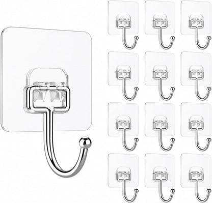 Heavy Duty Adhesive Hooks 60lb Max, 12 Pack Wall Hooks, Strong Stick On Hooks Traceless Waterproof & Rustproof for Bathroom Kitchen Home Hanging (12, Clear)
