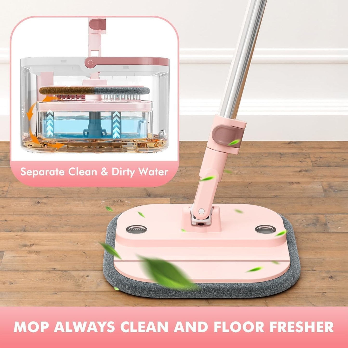 Spin Mop and Bucket Set with 2 Replaceable Microfiber Mop Pads with Self Separation Dirty and Clean Water System, Self Wringing 360° Rotating Square Mop Head for Hardwood Tile Marble Floors