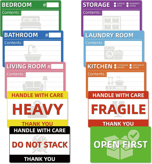 160-Count Moving Box Labels, 5 x 3 Inch Color-Coded Labels for Packing Boxes, 4 Handling Messages and 6 Room Categories, with More Bedroom Labels