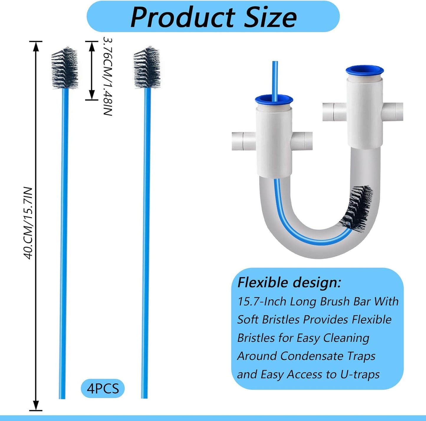 2 PCS Condensate Trap Flexible Drain Brush, 48 Inch Drain Line Cleaning Brush, Condensate Traps Clean for Condensate P-Trap and HVAC Systems