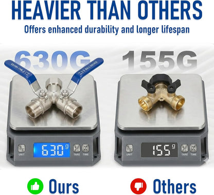 Garden Hose Splitter 2 Way, Heavy Duty Brass Y Valve Water Hose Splitter With Stainless Steel Long Handle Outdoor Full Flow Hose Splitter Connector,Y Valve 3/4 Inch GHT Thread