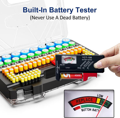 Battery Organizer Storage Holder Box Case with Tester - 285 Batteries Double-Sided Variety Pack, Holds AA AAA 4A C D Cell 9V 3V Lithium LR44 CR2 CR123 CR1632 18650 Button (Batteries Not Included)