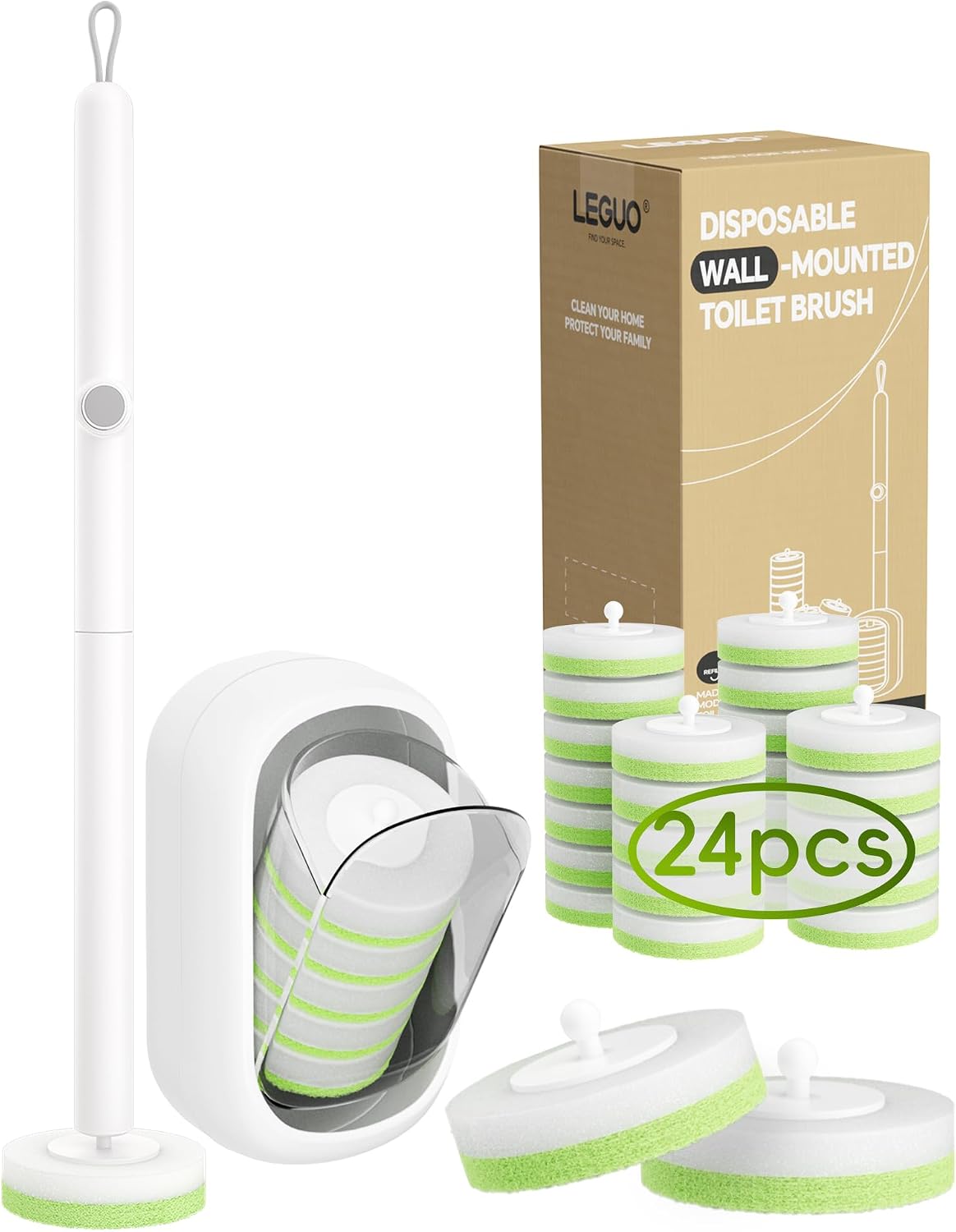 Wall Mounted Disposable Toilet Brush System with Holder, Toilet Bowl Cleaning Wand with Green Refills and One-Button Release, 2 Wands and Holders with 60 Green Refills