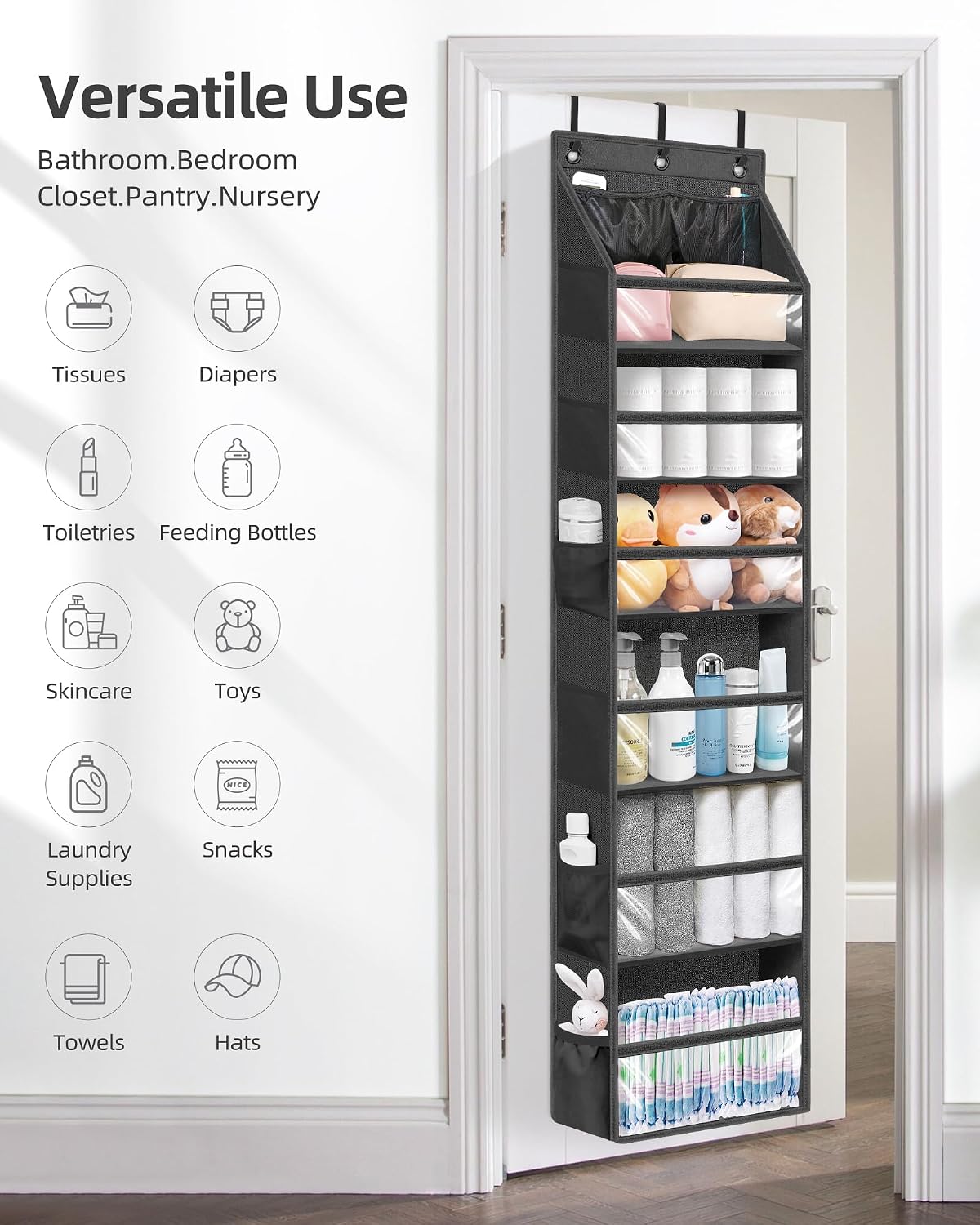 STORAGE MANIAC Over the Door Organizer 6-Shelf Closet Hanging Storage with 14 Mesh Pockets, 66lbs Capacity Clear Deep Pockets Behind Door Storage for Nursery, Bathroom, Bedroom, 1 Pack Grey
