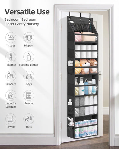 STORAGE MANIAC Over the Door Organizer 6-Shelf Closet Hanging Storage with 14 Mesh Pockets, 66lbs Capacity Clear Deep Pockets Behind Door Storage for Nursery, Bathroom, Bedroom, 1 Pack Grey
