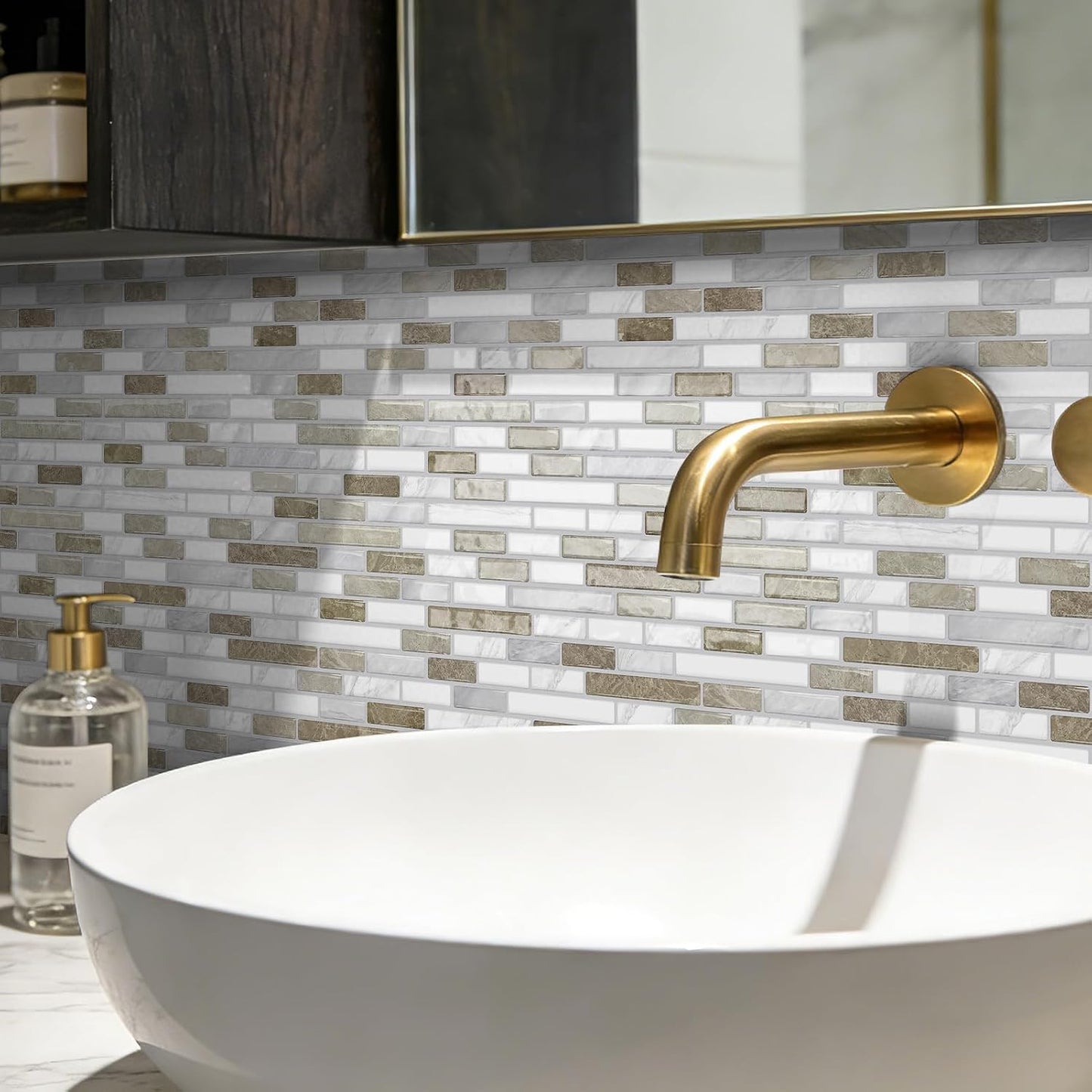 URCOLOR 10-Sheet Peel and Stick Backsplash Tile for Kitchen - 12”×12” Stick on Wall Tile for Bathroom, Black White Grey