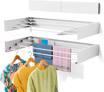 ZMBESUP Wall Mounted Clothes Drying Rack, 31.5" Foldable Collapsible Laundry Rack, Heavy Duty 60 lb Capacity Hidden Space Saver, Includes Wall Template for Laundry Room Indoor Outdoor Balcony (White)