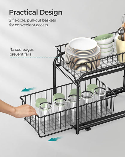 SONGMICS 2-Tier Pull Out Cabinet Organizers, Under Sink Organizer, Bathroom Organizer and Storage, Sliding Basket Drawers, Stackable for Kitchen, Bathroom, Metallic Silver UKCS017E01