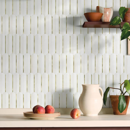 Vamos Peel and Stick Backsplash Seamless Tile for Kitchen and Bathroom,White and Beige Slate PVC Mixed Light Gold Self Adhesive Fish Scale Metal Mosaic Tiles (10 Sheets)