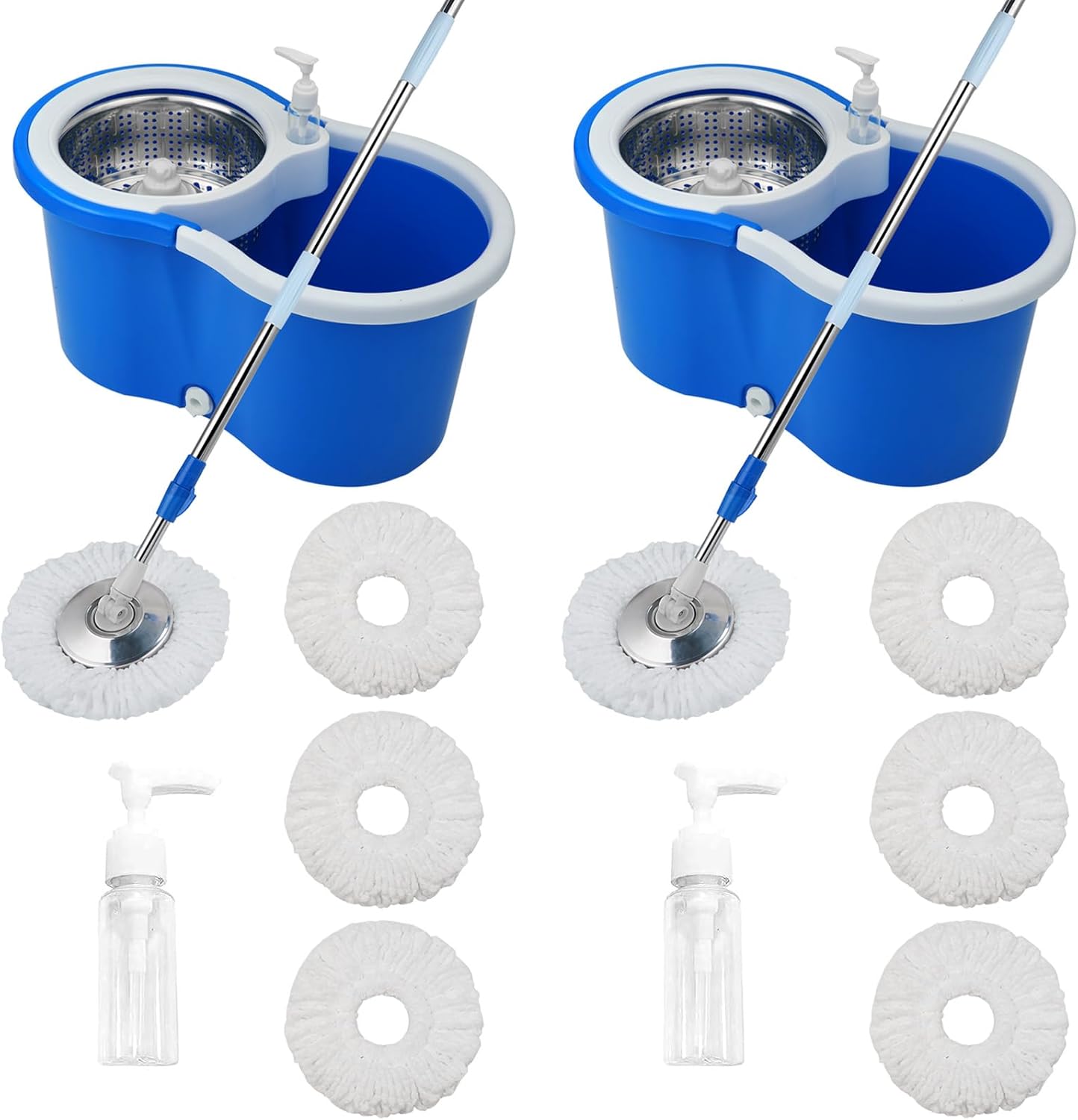Mop and Bucket Set, 360° Spin Mop and Bucket with Wringer Set and 3 Microfiber Mop Refills, Stainless Steel 61" Extended Handle Spinning Mop Bucket System for Floor Cleaning