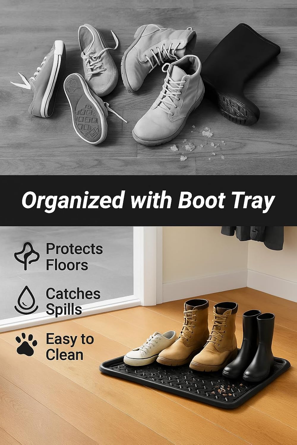 Rubber Boot Tray Scraper Mat – 13/16″ Thick, 32″ × 16″ Heavy-Duty Floor Protection Mat for Shoes, Indoor Outdoor Use