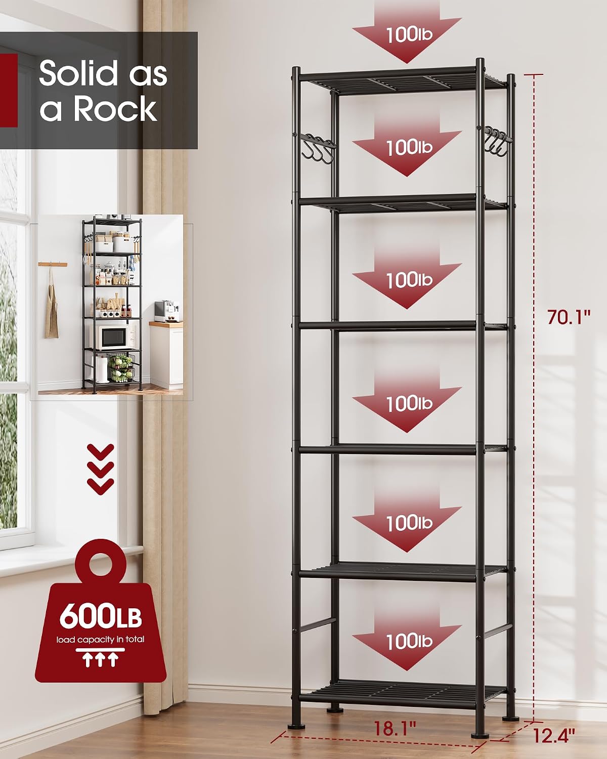 Sakugi Storage Shelves - 5-Tier Large Capacity Shelf Organizer with Hooks, Heavy-Duty Garage Shelving with Leveling Feet, Wobble-Free Rack for Bedroom, Balcony, Garage, 18.1"×12.4"×56.8", Black