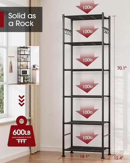Sakugi Storage Shelves - 5-Tier Large Capacity Shelf Organizer with Hooks, Heavy-Duty Garage Shelving with Leveling Feet, Wobble-Free Rack for Bedroom, Balcony, Garage, 18.1"×12.4"×56.8", Black