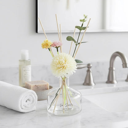 Reed Diffuser Set 8.5 fl oz / 250 ml Glass Bottle with Decorative Flower & Natural Reeds Flameless Home Fragrance for Bathroom Bedroom Office Honeydew Scent
