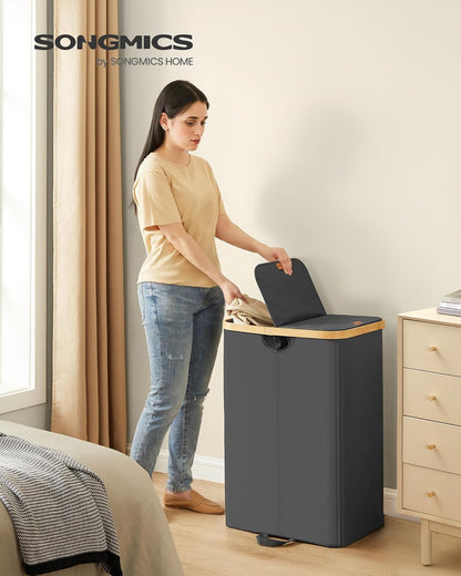 SONGMICS Laundry Hamper, Laundry Sorter with Lid, Storage Basket Bin, Removable Liners, Bamboo Frame, for Bedroom, 3 Sections, 44.9 Gal. (170 L), Ink Black ULCB533BH01