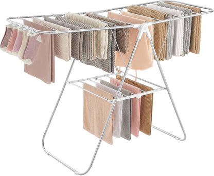 SONGMICS Clothes Drying Rack, with Sock Clips, Metal Laundry Rack, Foldable, Space-Saving, Free-Standing Airer, with 2 Height-Adjustable Gullwings, Indoor Outdoor Use, Gray ULLR052G01