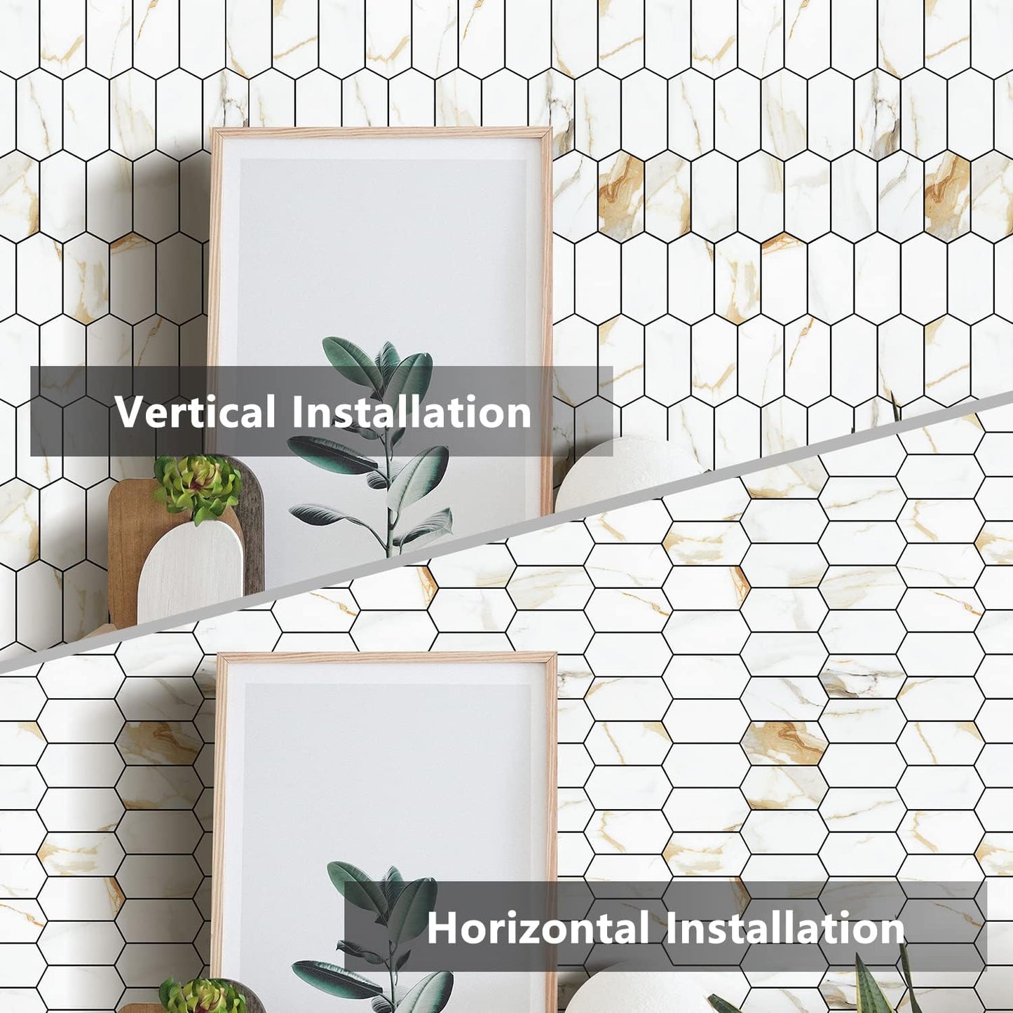 Vamos Tile Long Hexagon Peel and Stick Backsplash Tile - 10 Sheets Stick on Backsplash for Kitchen and Bathroom 12.4 x 12 Inch Glossy Wood Grain PVC Self Adhesive Mosaic Wall Tiles