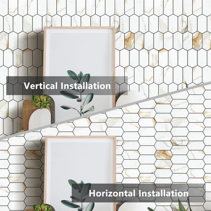Vamos Tile Long Hexagon Peel and Stick Backsplash Tile - 10 Sheets Stick on Backsplash for Kitchen and Bathroom 12.4 x 12 Inch Glossy Wood Grain PVC Self Adhesive Mosaic Wall Tiles