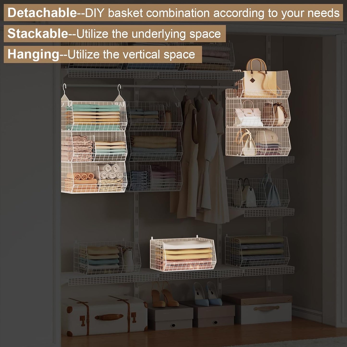 Jautokerdar 4 Tier Hanging Closet Organizer with Dividers,Extra Large Storage Hanging Shelf with 5 S Hooks 4 Dividers,Hang on Wire Closet Shelving Clothes Organizer-Black