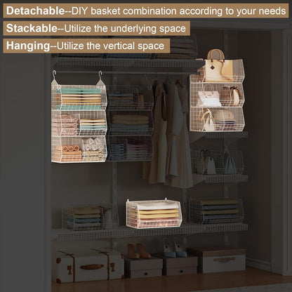 Jautokerdar 4 Tier Hanging Closet Organizer with Dividers,Extra Large Storage Hanging Shelf with 5 S Hooks 4 Dividers,Hang on Wire Closet Shelving Clothes Organizer-Black