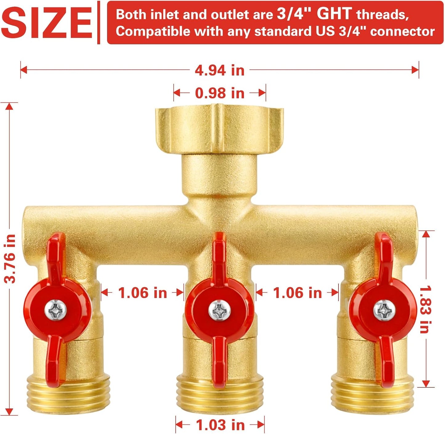 3 Way Garden Hose Splitter Heavy Duty Brass, Full Flow Outdoor Faucet Hose Splitter with 3 Shut Off Valves, 3/4" GHT Metal Hose Connector for Garden, Lawn Irrigation, Yard Watering Etc