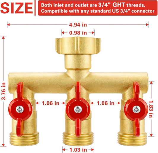 3 Way Garden Hose Splitter Heavy Duty Brass, Full Flow Outdoor Faucet Hose Splitter with 3 Shut Off Valves, 3/4" GHT Metal Hose Connector for Garden, Lawn Irrigation, Yard Watering Etc