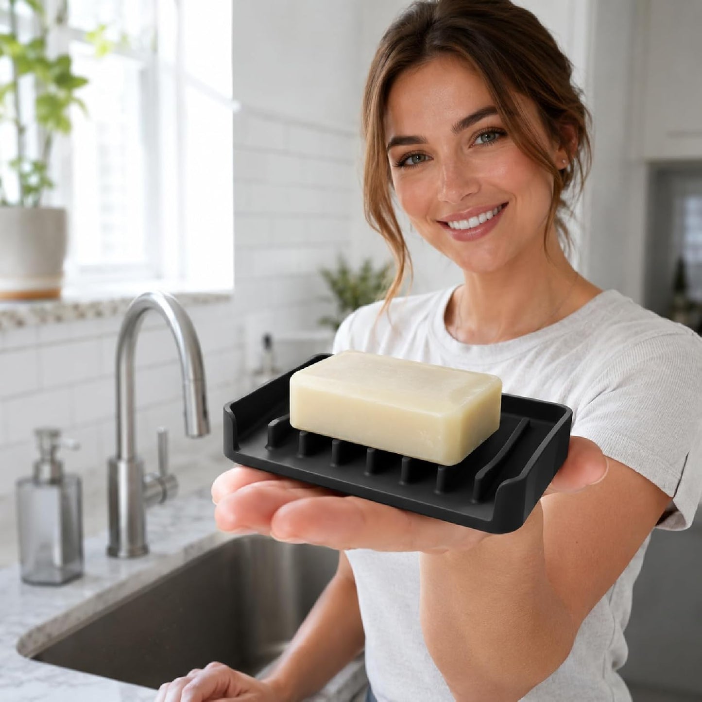 Bathway Silicone Soap Dishes for Shower, Self-Draining Bar Soap Holder Non-Slip Sink Organizer Tray for Sink, Bathroom & Kitchen, Keeps Bar Soap Dry& Dishwasher Safe, Black & Black (2 Pack)