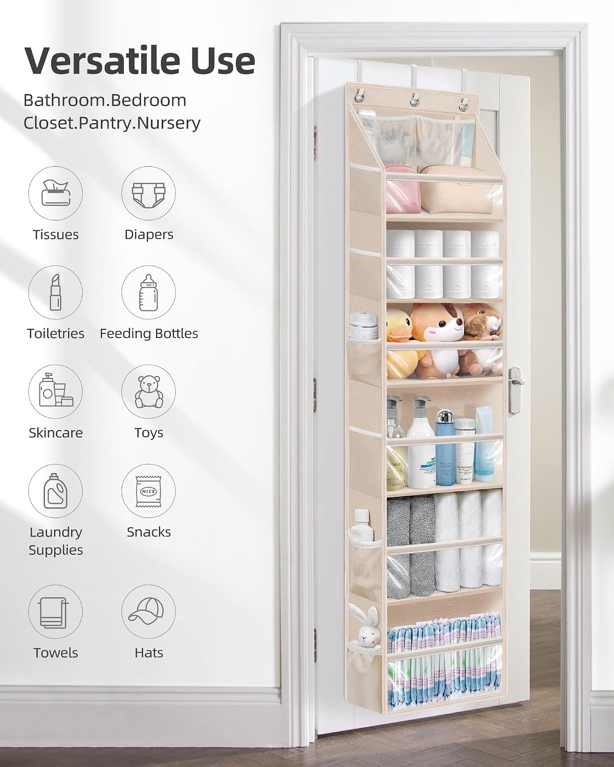 STORAGE MANIAC Over the Door Organizer 6-Shelf Closet Hanging Storage with 14 Mesh Pockets, 66lbs Capacity Clear Deep Pockets Behind Door Storage for Nursery, Bathroom, Bedroom, 1 Pack Grey