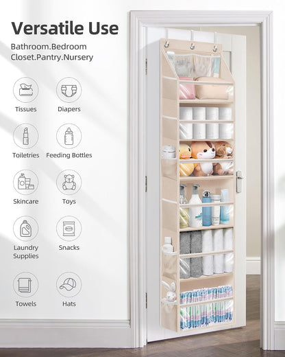 STORAGE MANIAC Over the Door Organizer 6-Shelf Closet Hanging Storage with 14 Mesh Pockets, 66lbs Capacity Clear Deep Pockets Behind Door Storage for Nursery, Bathroom, Bedroom, 1 Pack Grey