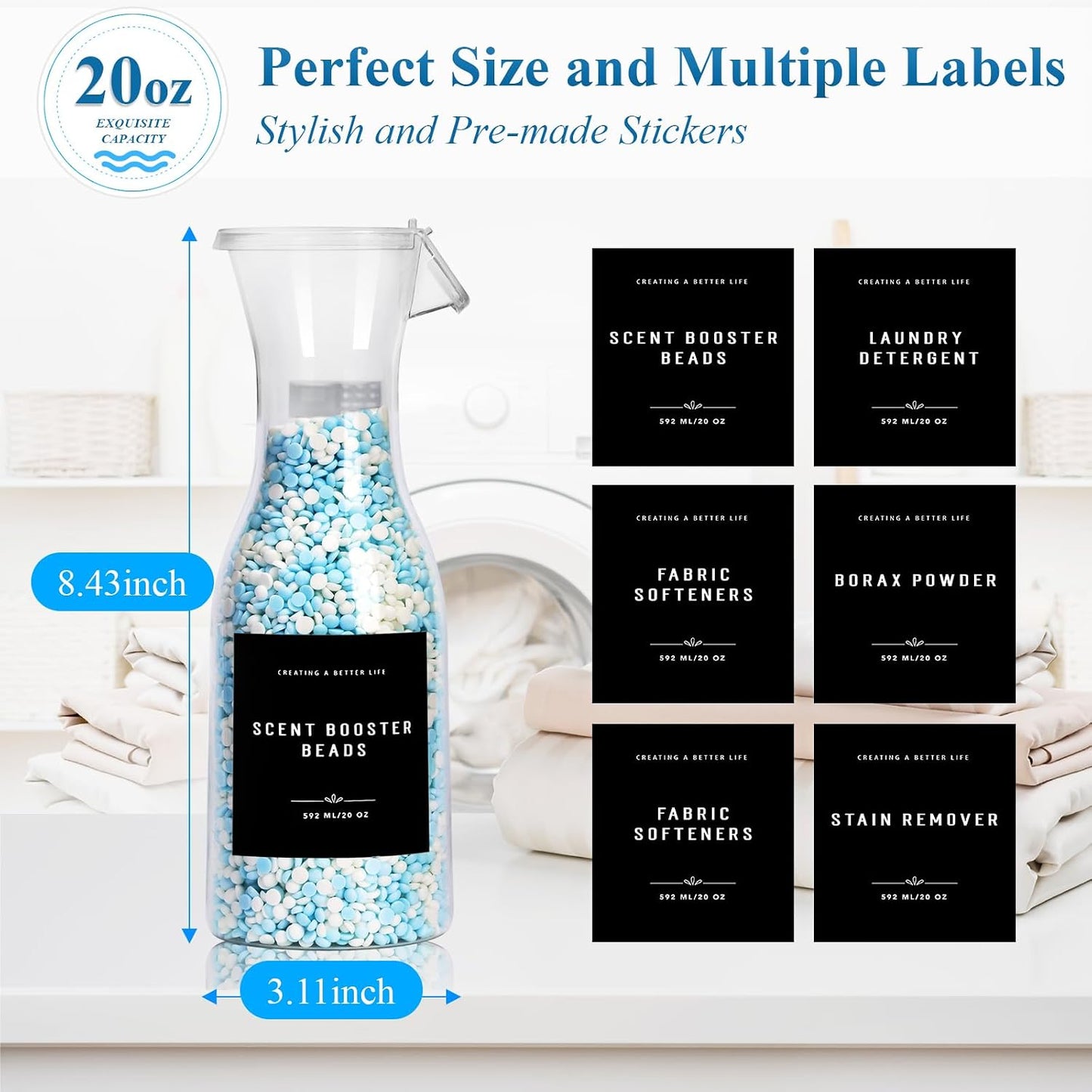 Laundry Detergent Dispenser Bottle 40oz with Waterproof Label for Laundry Detergent Soap Fabric Softener Bleach Scent Booster Beads, Sturdy PET Bottle for Laundry Room Decor 2 Pack White