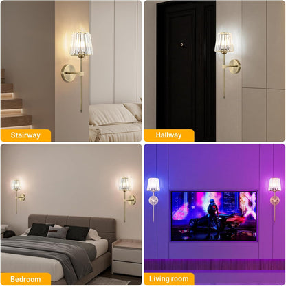 Crystal Battery Operated Wall Sconces Set of 2, Gold Rechargeable Wireless Wall Sconce Lights with Crystal Lampshade, 12 RGB and 3CCT Dimmable Wall Lamps with Remote for Bedroom Living Room Hallway