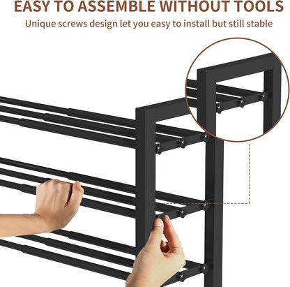 2 Tier Shoe Rack - Expandable Shoe Organizer for Closet, Adjustable Metal Shoe Shelf Storage, Stackable Long Shoe Stand Holder for Garage, Entryway, Door Entrance