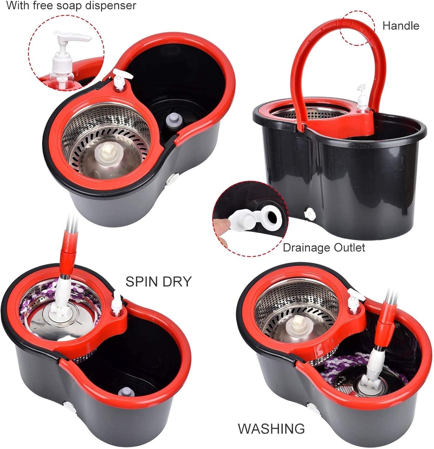 Spin Mop and Bucket with Wringer Set on Wheels, 360 Spinning Mop with Stainless Steel Handle for All Hard Surfaces, Floor Cleaning System with 3 Microfiber Replacement Heads, Black/Red