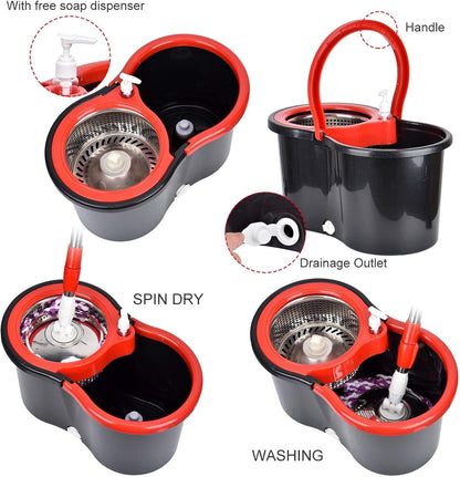Spin Mop and Bucket with Wringer Set on Wheels, 360 Spinning Mop with Stainless Steel Handle for All Hard Surfaces, Floor Cleaning System with 3 Microfiber Replacement Heads, Black/Red