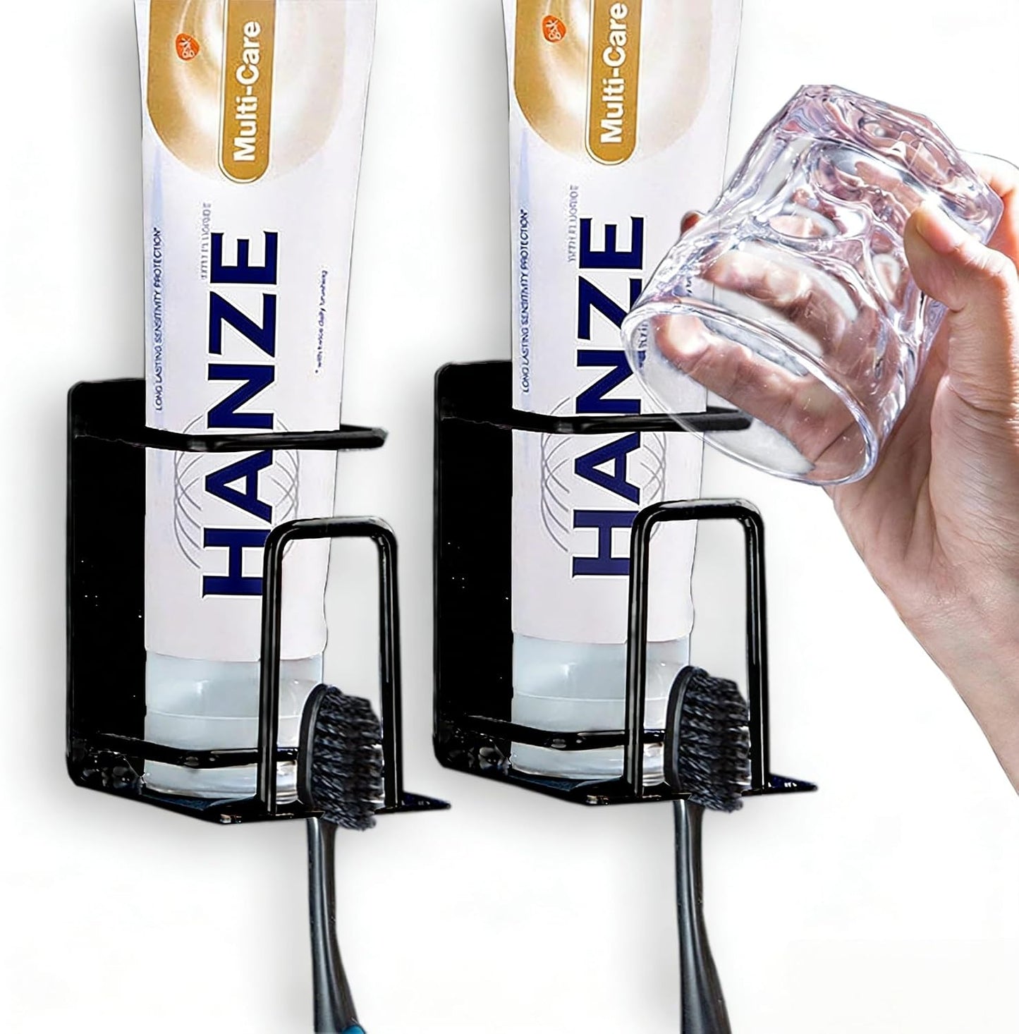 HANZE 2 Pack Toothbrush Holder 304 Stainless Steel Adhesive Wall Mounted 3 in 1 with Toothbrush Holder Toothpaste Holder and Cup Holder for Bathroom Shower